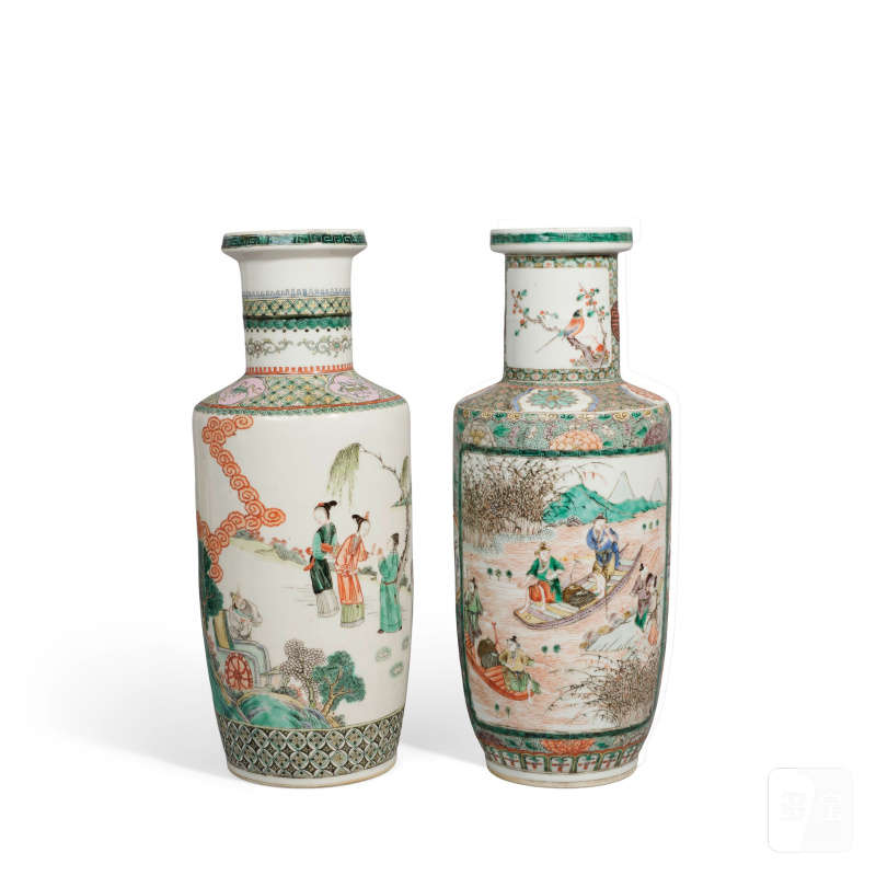 十九世紀 五彩人物故事圖棒槌瓶兩只 | TWO FAMILLE-VERTE 'FIGURAL' ROULEAU VASES